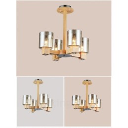 Lustre moderne contemporain en bois à 4 lumières de style nordique avec abat-jour en verre