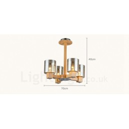Lustre moderne contemporain en bois à 4 lumières de style nordique avec abat-jour en verre