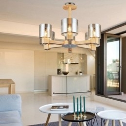 Lustre moderne contemporain en bois à 6 lumières de style nordique avec abat-jour en verre