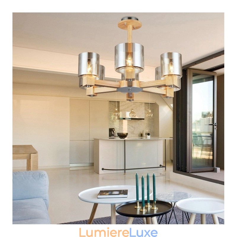 Lustre moderne contemporain en bois à 6 lumières de style nordique avec abat-jour en verre