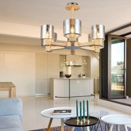 Lustre moderne contemporain en bois à 6 lumières de style nordique avec abat-jour en verre Lustre moderne contemporain en bois à 6 lumières de style nordique avec abat-jour en verre