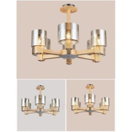 Lustre moderne contemporain en bois à 6 lumières de style nordique avec abat-jour en verre