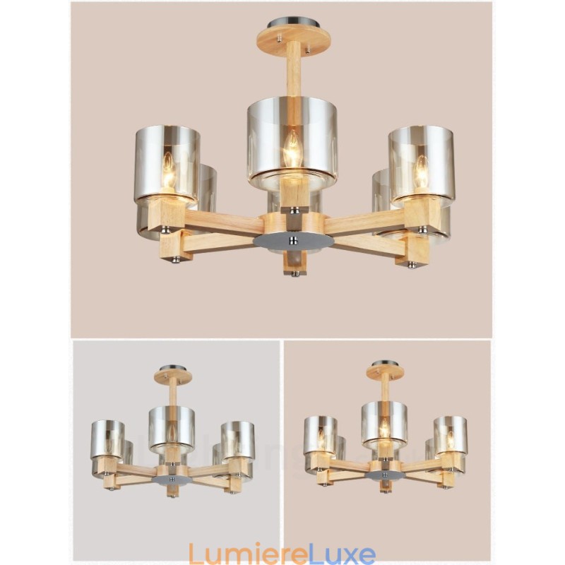 Lustre moderne contemporain en bois à 6 lumières de style nordique avec abat-jour en verre