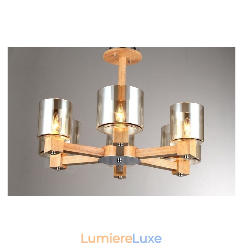 Lustre moderne contemporain en bois à 6 lumières de style nordique avec abat-jour en verre