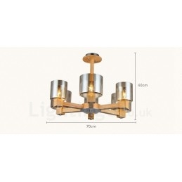 Lustre moderne contemporain en bois à 6 lumières de style nordique avec abat-jour en verre