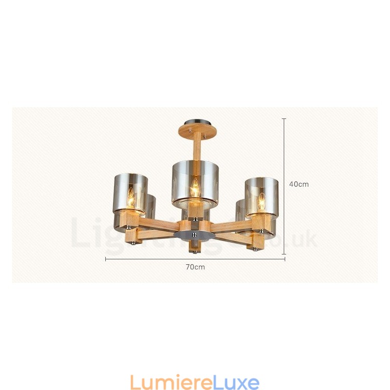 Lustre moderne contemporain en bois à 6 lumières de style nordique avec abat-jour en verre