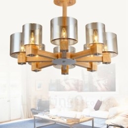 Lustre moderne contemporain en bois à 8 lumières de style nordique avec abat-jour en verre