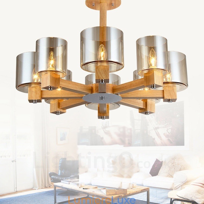 Lustre moderne contemporain en bois à 8 lumières de style nordique avec abat-jour en verre