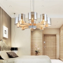 Lustre moderne contemporain en bois à 8 lumières de style nordique avec abat-jour en verre
