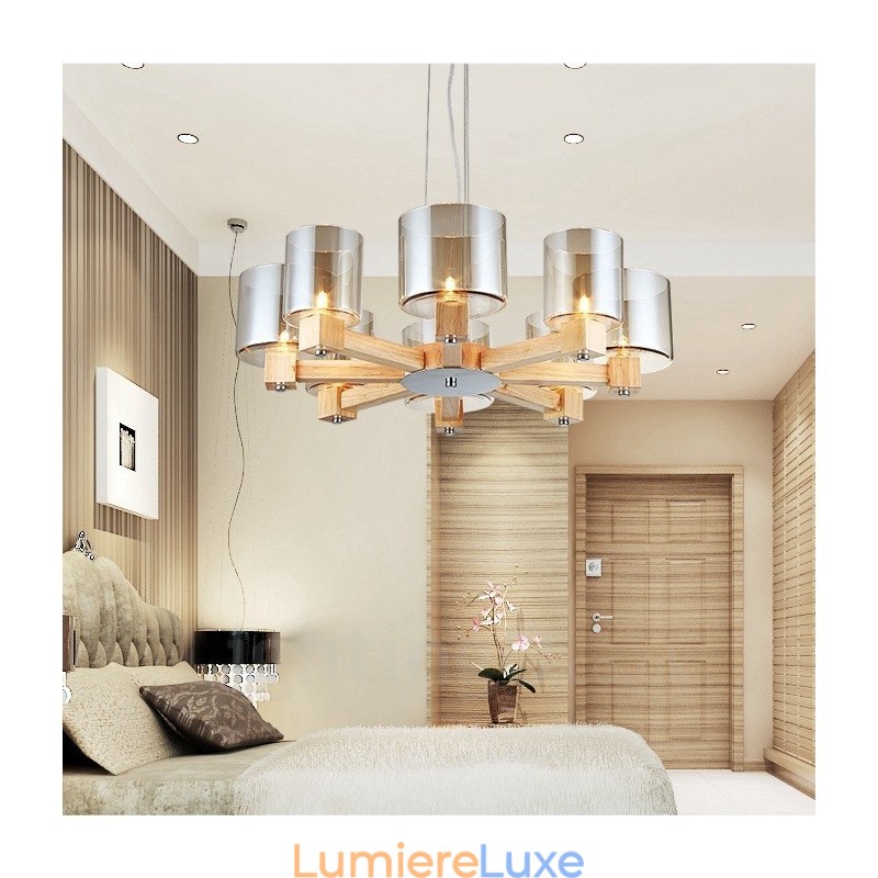 Lustre moderne contemporain en bois à 8 lumières de style nordique avec abat-jour en verre
