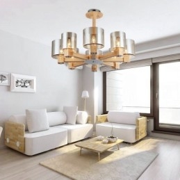 Lustre moderne contemporain en bois à 8 lumières de style nordique avec abat-jour en verre