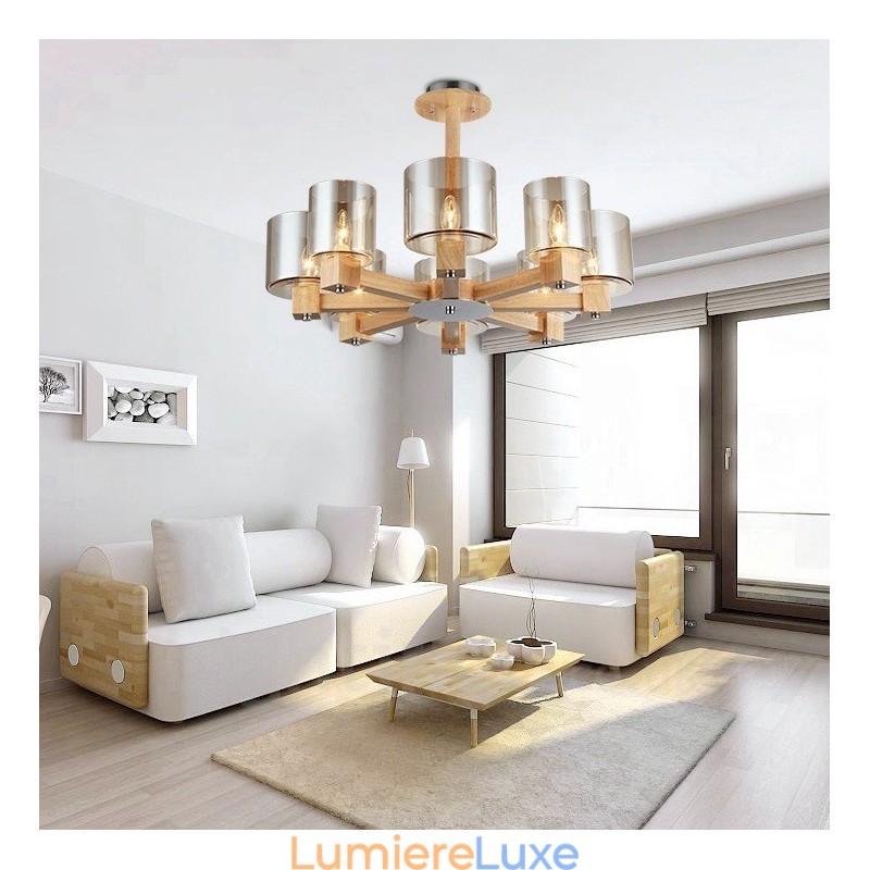 Lustre moderne contemporain en bois à 8 lumières de style nordique avec abat-jour en verre