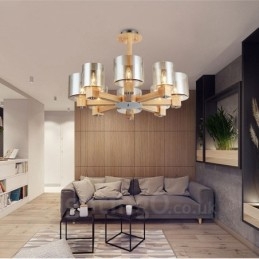 Lustre moderne contemporain en bois à 8 lumières de style nordique avec abat-jour en verre