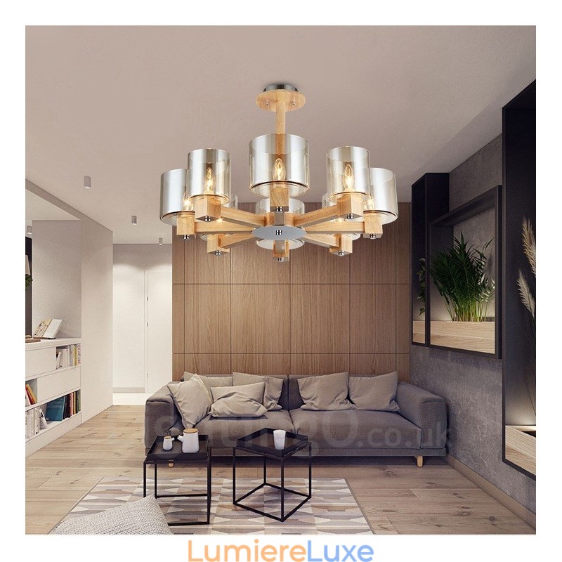 Lustre moderne contemporain en bois à 8 lumières de style nordique avec abat-jour en verre