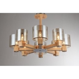 Lustre moderne contemporain en bois à 8 lumières de style nordique avec abat-jour en verre