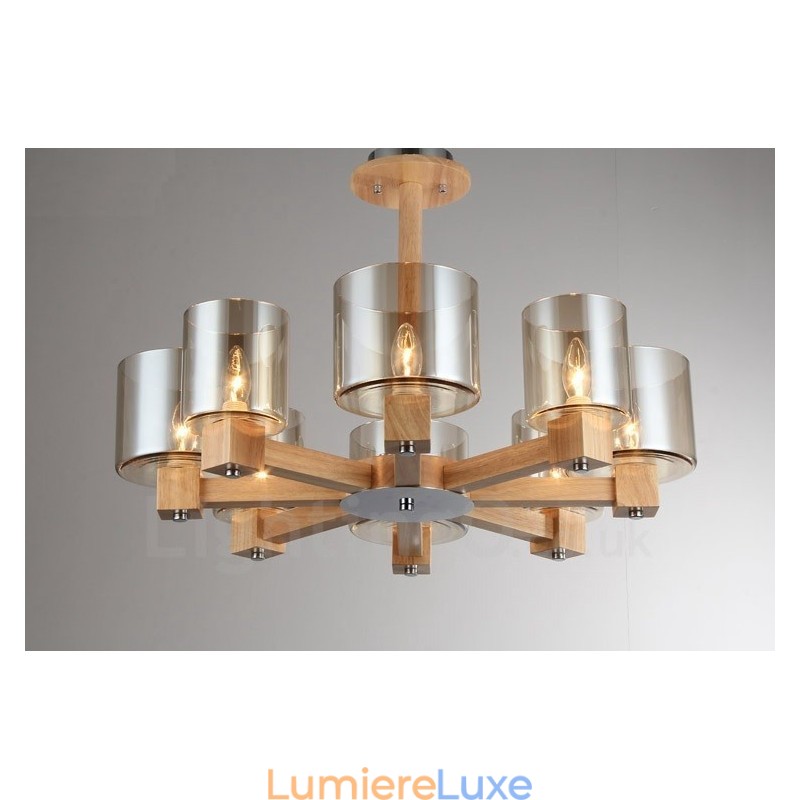Lustre moderne contemporain en bois à 8 lumières de style nordique avec abat-jour en verre