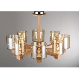 Lustre moderne contemporain en bois à 8 lumières de style nordique avec abat-jour en verre
