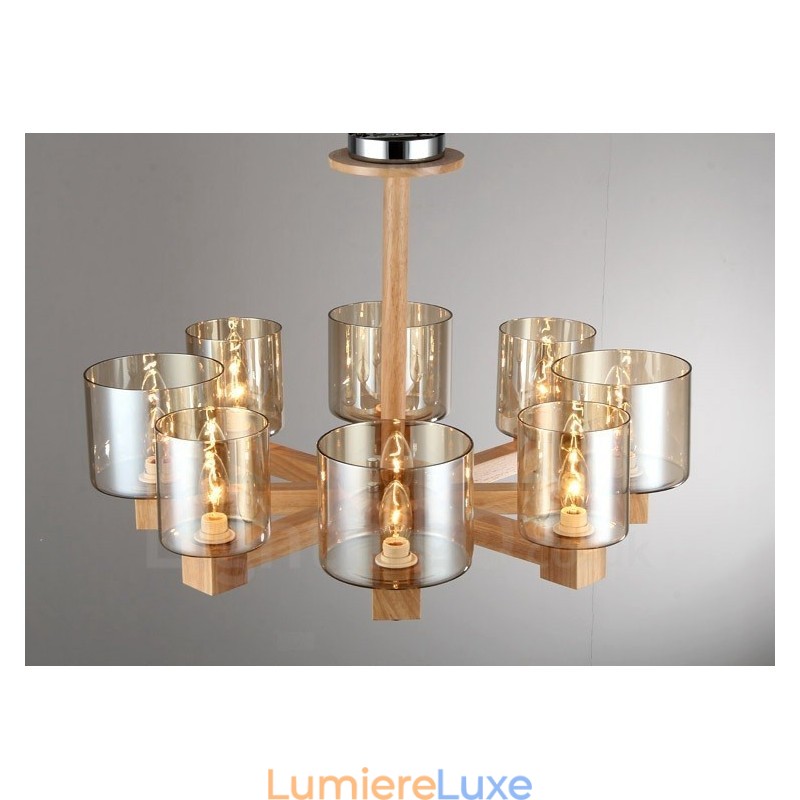 Lustre moderne contemporain en bois à 8 lumières de style nordique avec abat-jour en verre