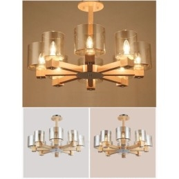 Lustre moderne contemporain en bois à 8 lumières de style nordique avec abat-jour en verre