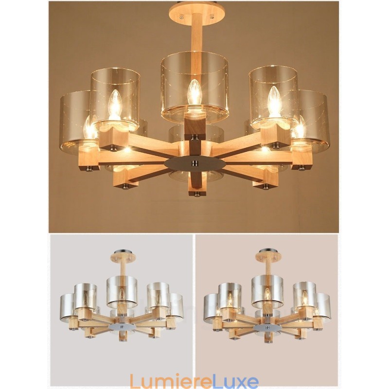 Lustre moderne contemporain en bois à 8 lumières de style nordique avec abat-jour en verre