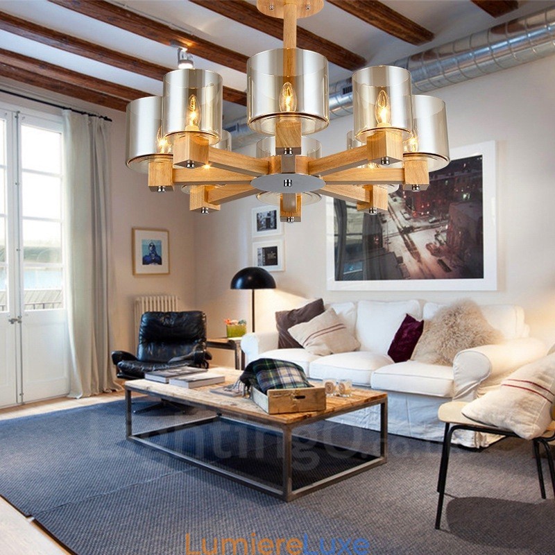 Lustre moderne contemporain en bois à 8 lumières de style nordique avec abat-jour en verre