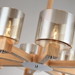 Lustre moderne contemporain en bois à 8 lumières de style nordique avec abat-jour en verre