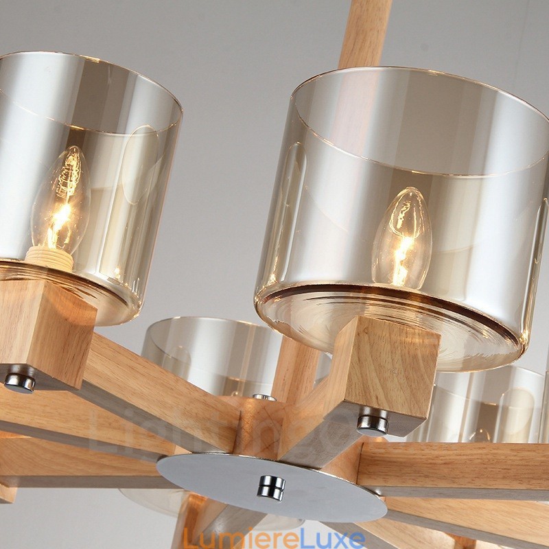 Lustre moderne contemporain en bois à 8 lumières de style nordique avec abat-jour en verre