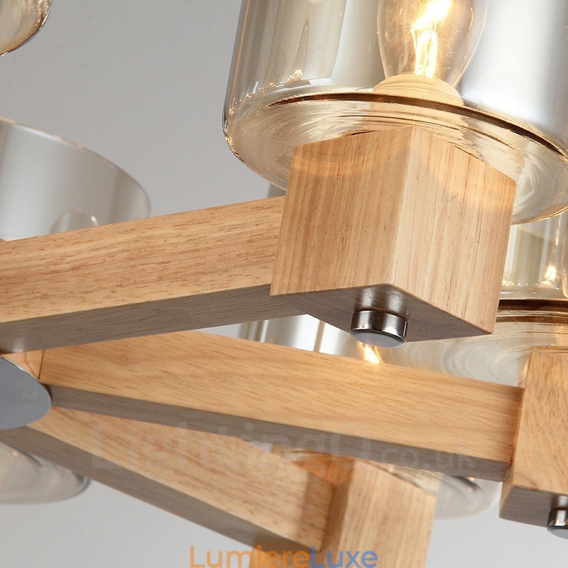 Lustre moderne contemporain en bois à 8 lumières de style nordique avec abat-jour en verre