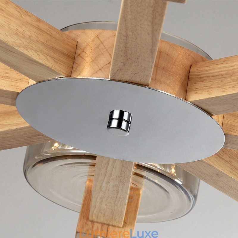 Lustre moderne contemporain en bois à 8 lumières de style nordique avec abat-jour en verre