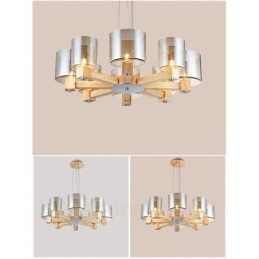 Lustre moderne contemporain en bois à 8 lumières de style nordique avec abat-jour en verre