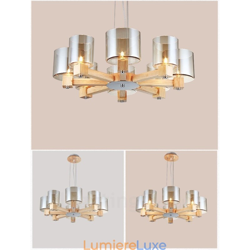 Lustre moderne contemporain en bois à 8 lumières de style nordique avec abat-jour en verre