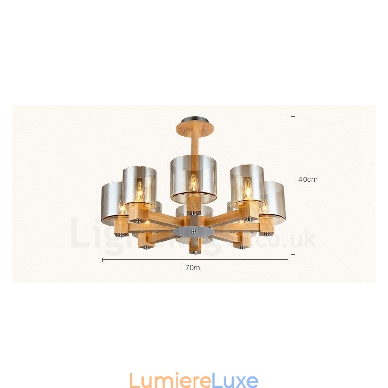Lustre moderne contemporain en bois à 8 lumières de style nordique avec abat-jour en verre