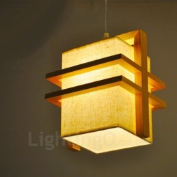 Suspension rétro vintage en bois à 1 lumière avec abat-jour en tissu