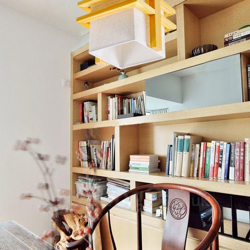 Suspension rétro vintage en bois à 1 lumière avec abat-jour en tissu