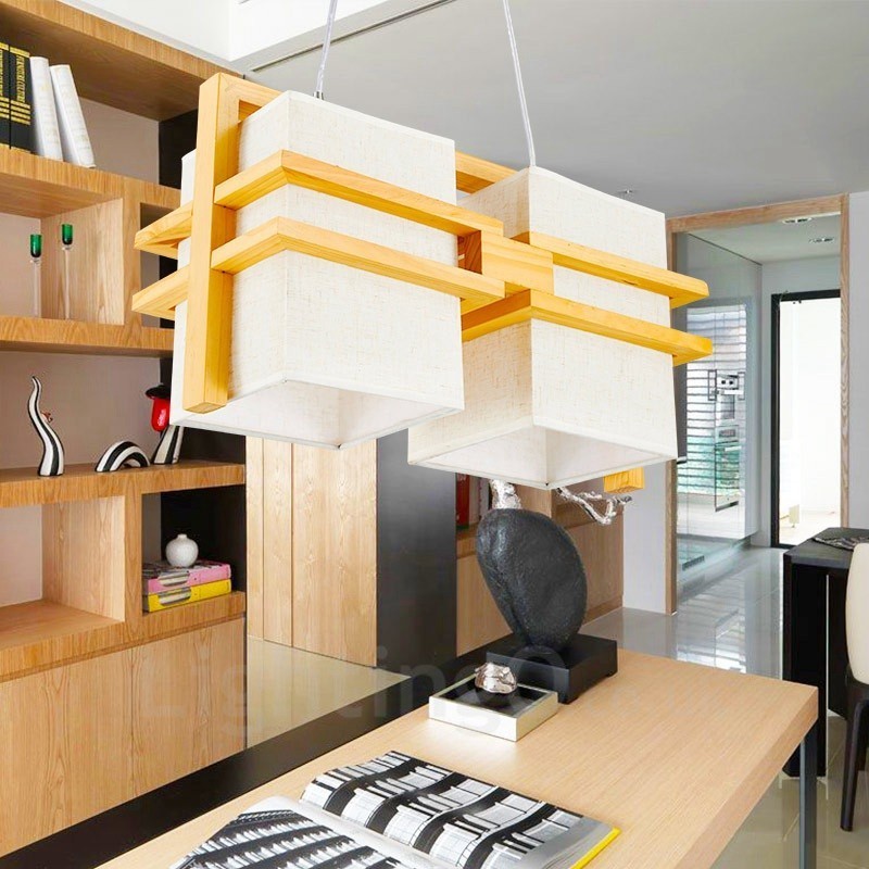 Suspension rétro vintage à 2 lampes en bois avec abat-jour en tissu
