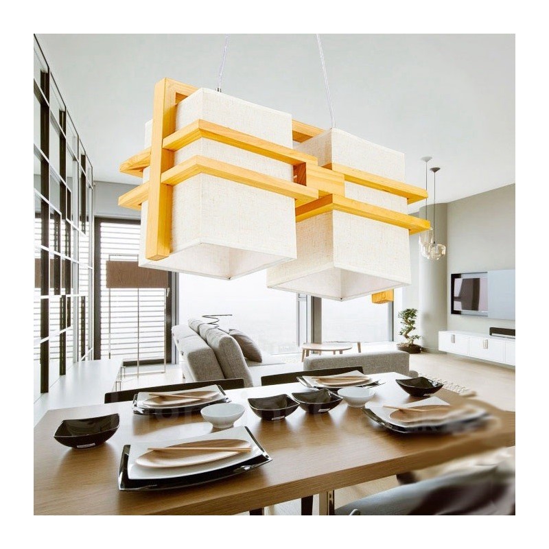 Suspension rétro vintage à 2 lampes en bois avec abat-jour en tissu