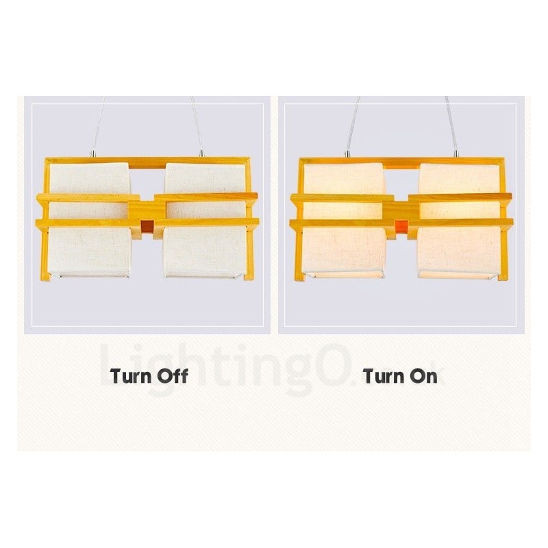 Suspension rétro vintage à 2 lampes en bois avec abat-jour en tissu