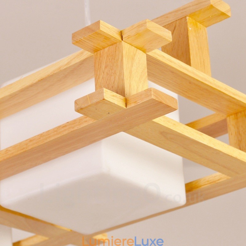 Suspension moderne contemporaine en bois à 2 lampes de style nordique avec abat-jour en verre