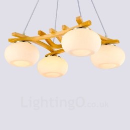 Suspension rustique en bois à 4 lumières avec abat-jour en verre