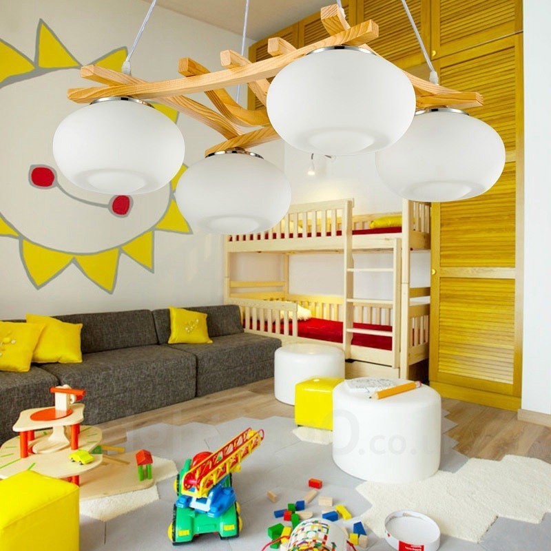 Suspension rustique en bois à 4 lumières avec abat-jour en verre