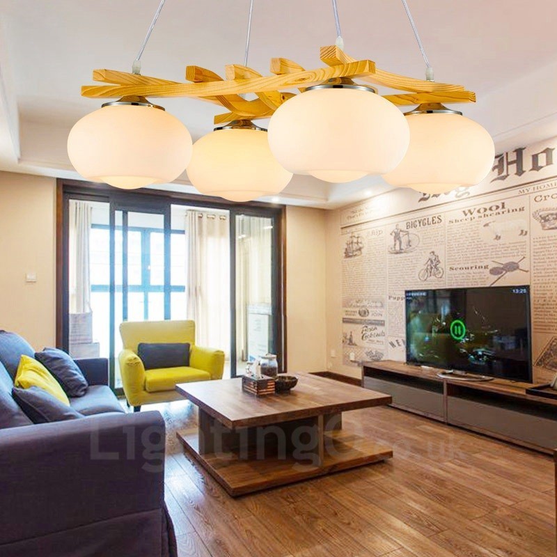 Suspension rustique en bois à 4 lumières avec abat-jour en verre