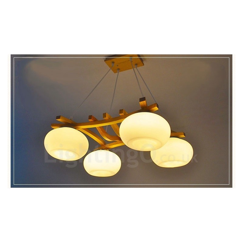Suspension rustique en bois à 4 lumières avec abat-jour en verre