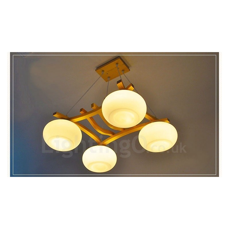 Suspension rustique en bois à 4 lumières avec abat-jour en verre