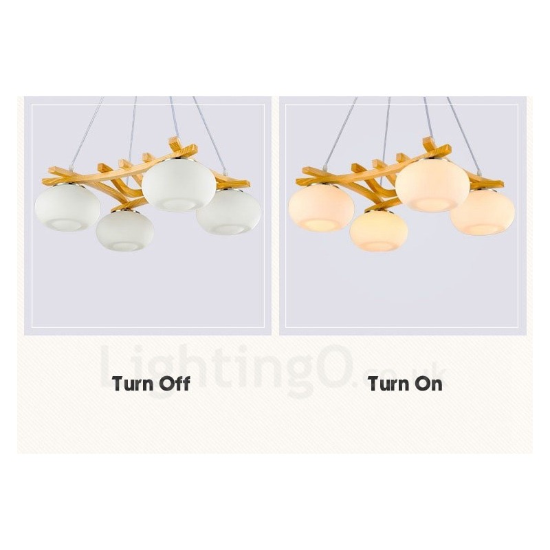 Suspension rustique en bois à 4 lumières avec abat-jour en verre