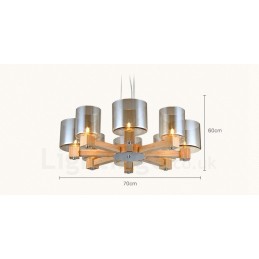 Suspension moderne contemporaine en bois à 8 lumières de style nordique avec abat-jour en verre