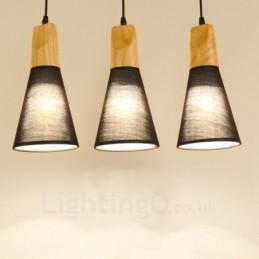 Suspension contemporaine moderne en bois à 3 lampes avec abat-jour en tissu