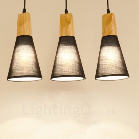 Suspension contemporaine moderne en bois à 3 lampes avec abat-jour en tissu Suspension contemporaine moderne en bois à 3 lampes avec abat-jour en tissu