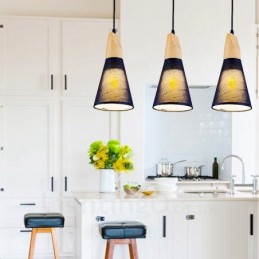 Suspension contemporaine moderne en bois à 3 lampes avec abat-jour en tissu