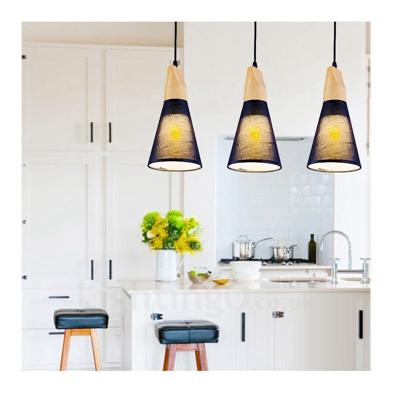 Suspension contemporaine moderne en bois à 3 lampes avec abat-jour en tissu