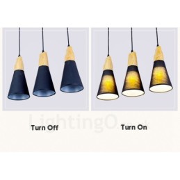 Suspension contemporaine moderne en bois à 3 lampes avec abat-jour en tissu